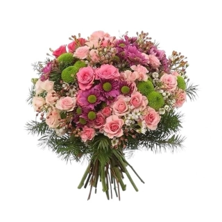 Romantická ružové trsové ruže, zelené a ružové chryzantémy, vax flower